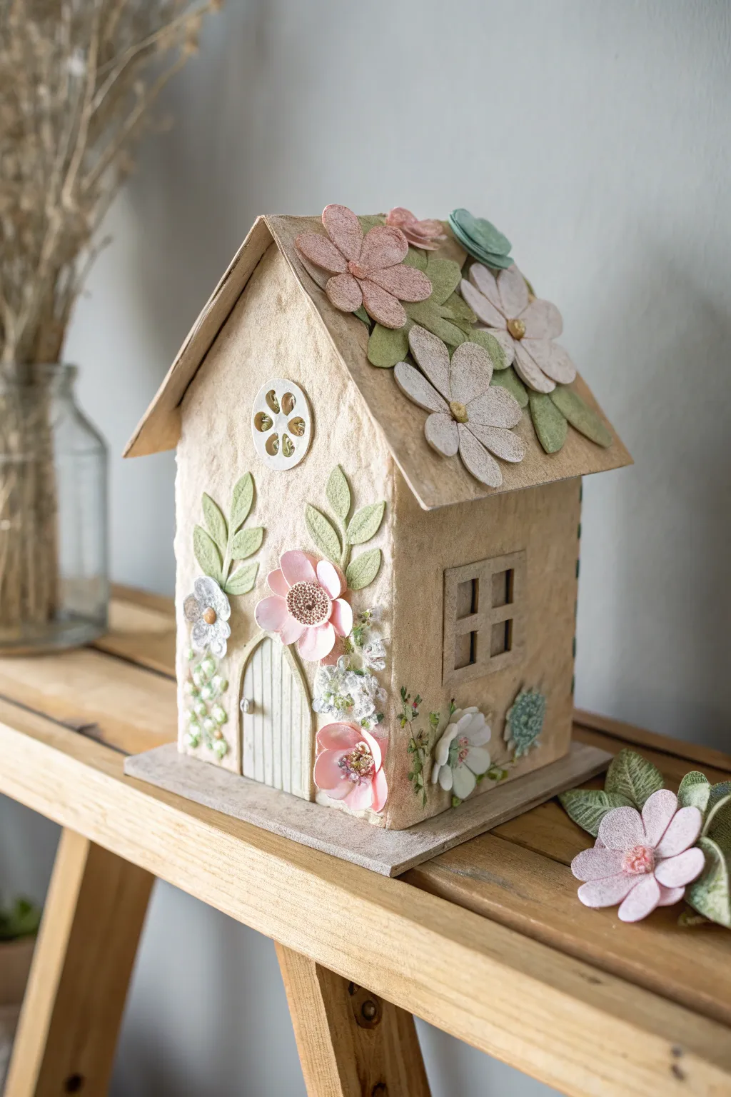 Embrace the season with a handcrafted touch. This paper mache house brings spring indoors with delicate paper blooms.