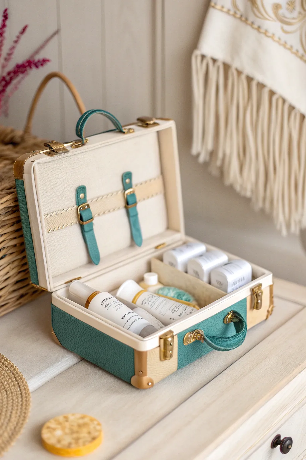 Chic travel-themed party favor: Mini cardboard suitcases with a boho twist.