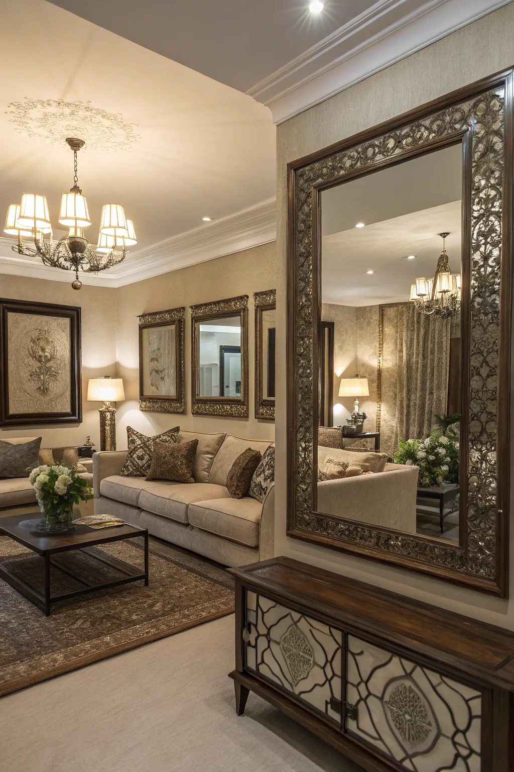 Mirrors creating an illusion of depth and enhancing room openness.