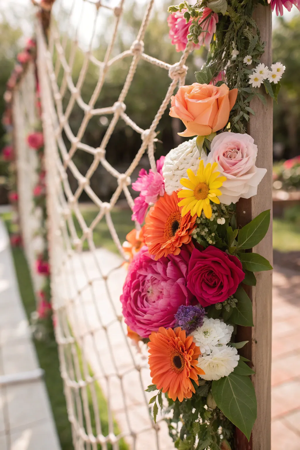 Transform your patio with handcrafted floral netting for a touch of garden elegance.