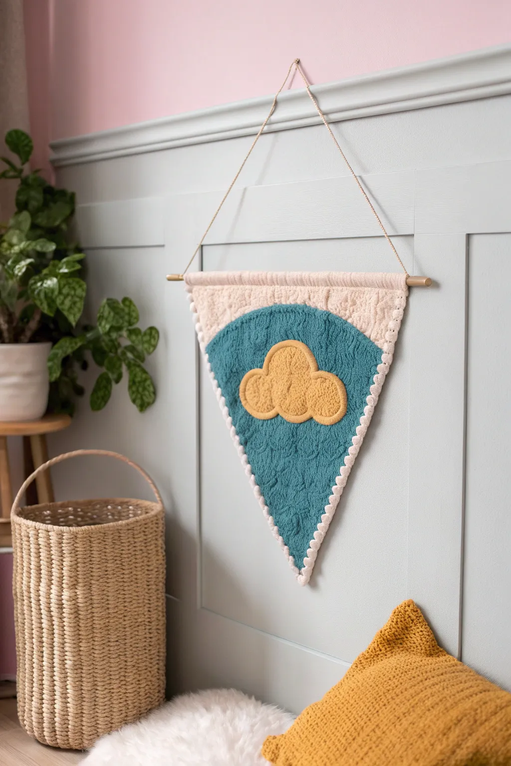 Elevate your nursery decor with quirky, cloud-shaped pennants that blend minimalist elegance with bold color accents.