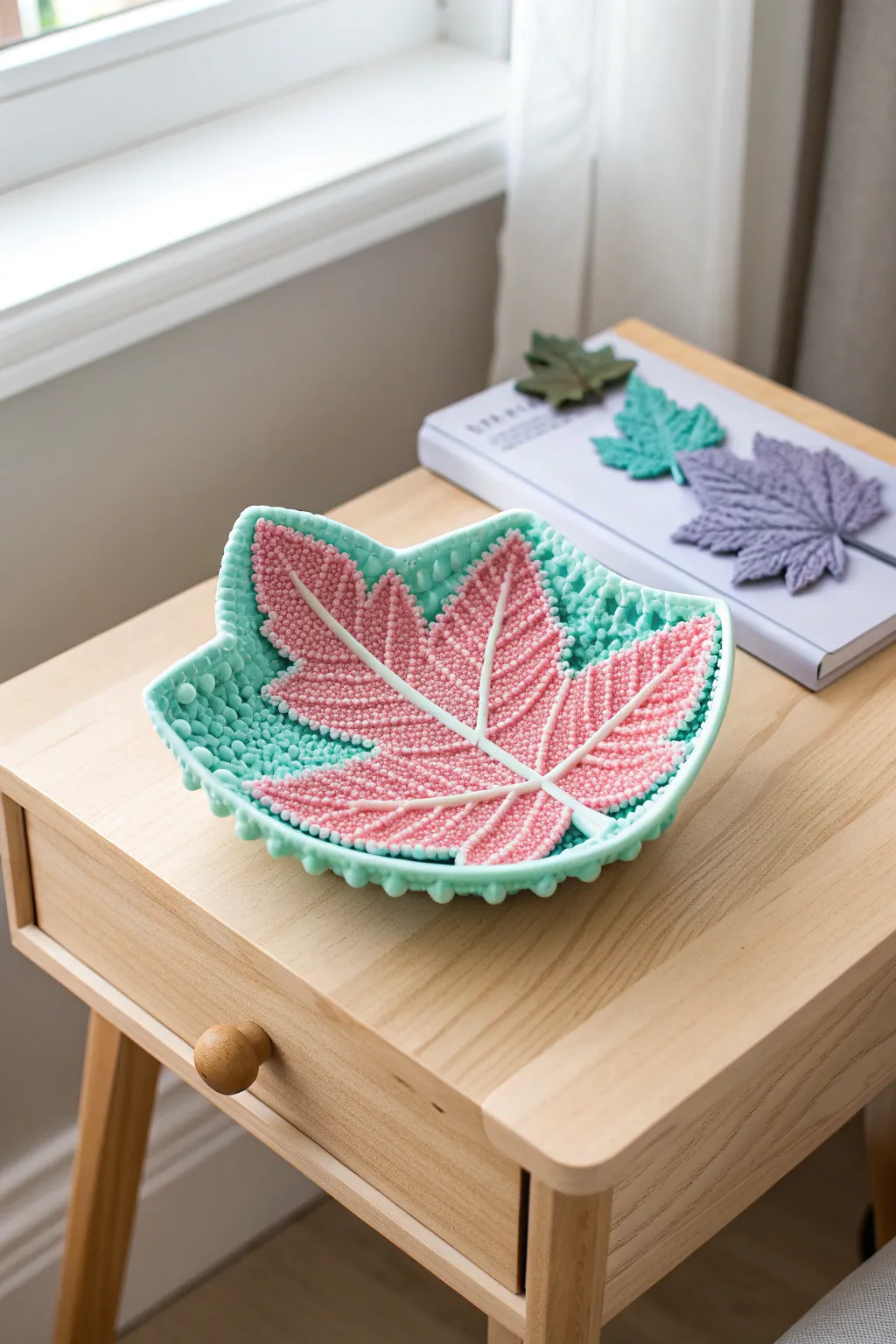 Add a touch of nature to your space with this charming leafy trinket dish. Perfect for organizing your treasures in style!