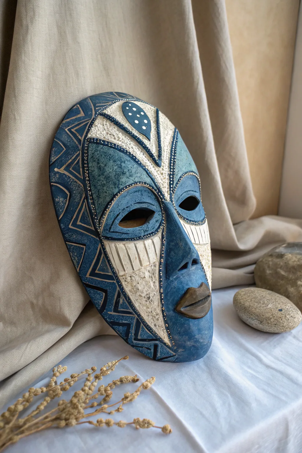 Discover the serene allure of monochrome magic with this beautifully crafted blue mask.