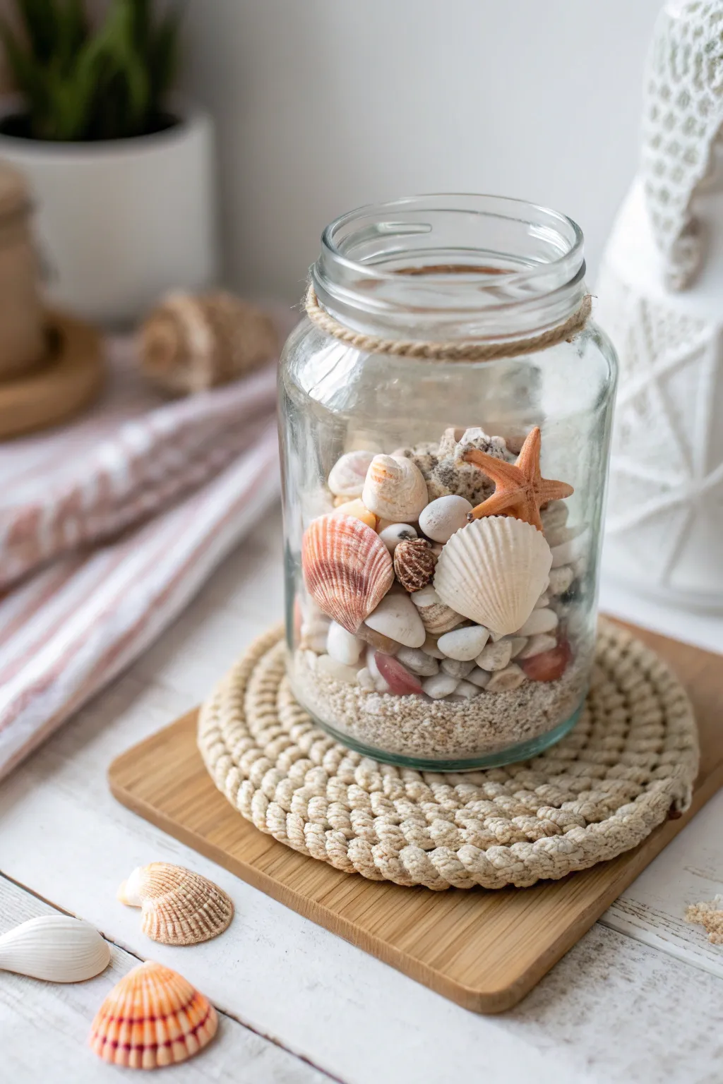 Bring the ocean's serenity indoors with a beautifully curated seashell display in a minimalist jar. 🌊✨