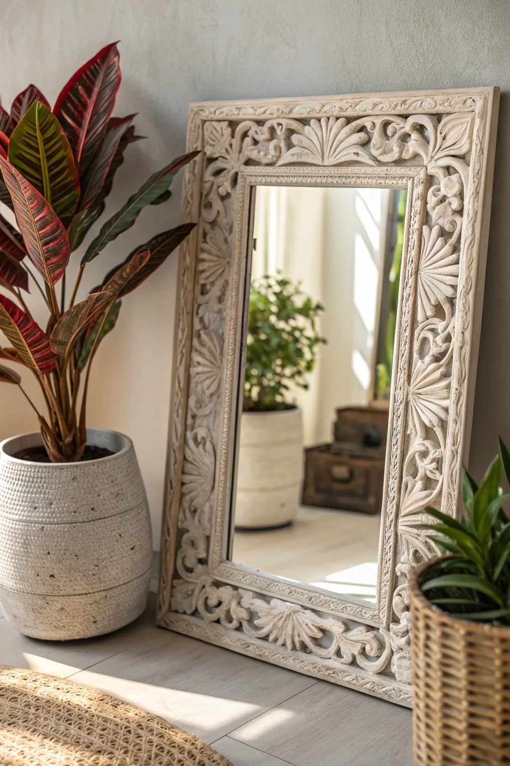 Transform simplicity into elegance with a vintage-framed mirror.