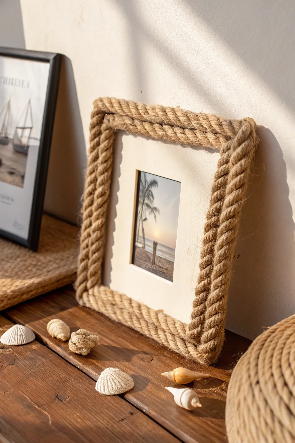 Transform your space with rustic charm: a rope-wrapped frame perfect for a nautical touch.