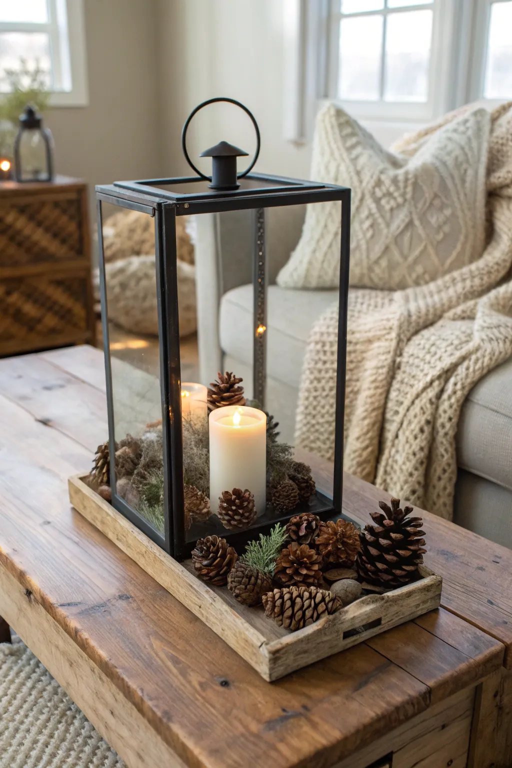 Embrace cozy elegance with this pine cone lantern centerpiece—a perfect blend of nature and minimalism for your home.