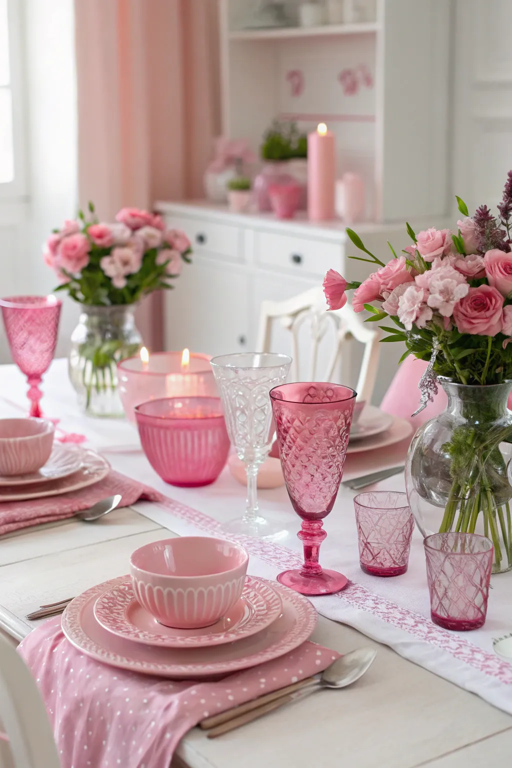 Eclectic pink glassware for a playful touch.