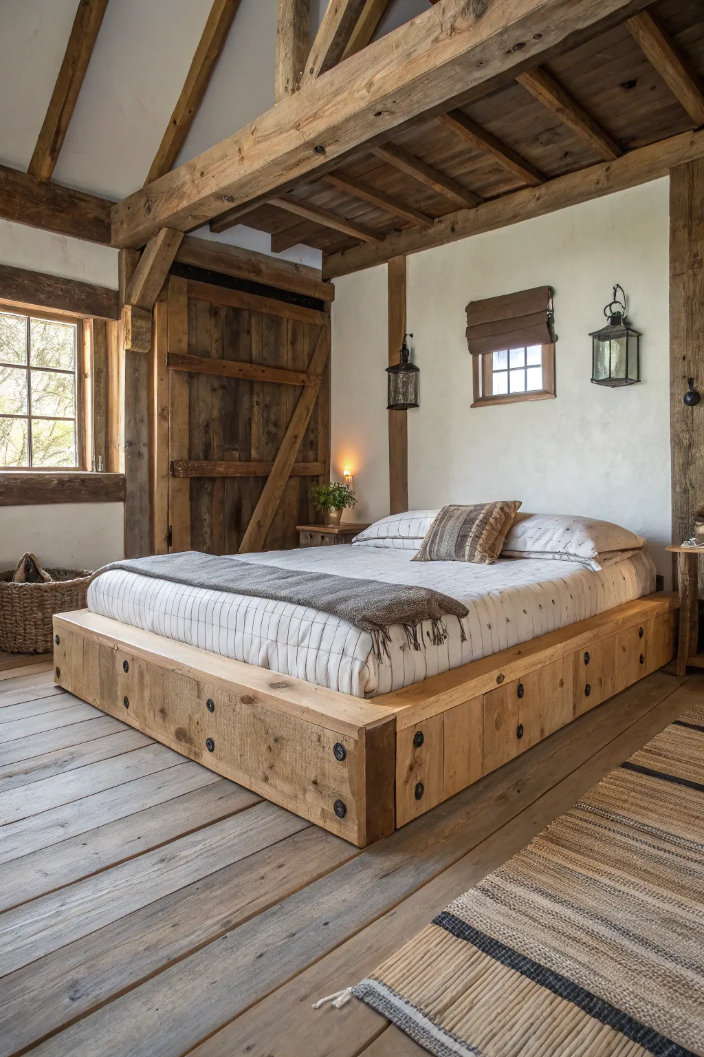 Reclaimed wood platform bed offering rustic charm and sustainability.