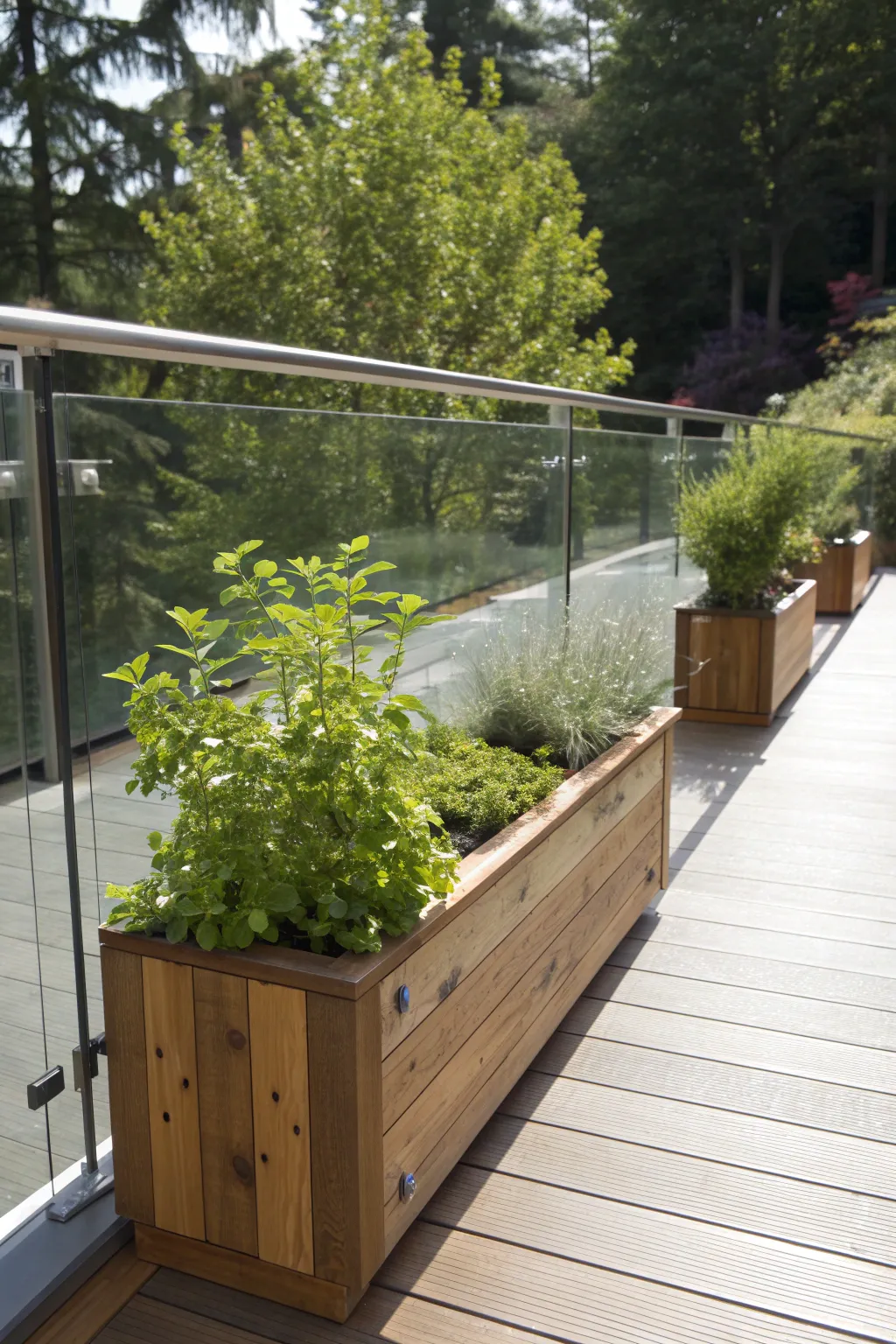 Elevate your deck with a fusion of modern plexiglass and lush greenery for a striking, natural aesthetic.