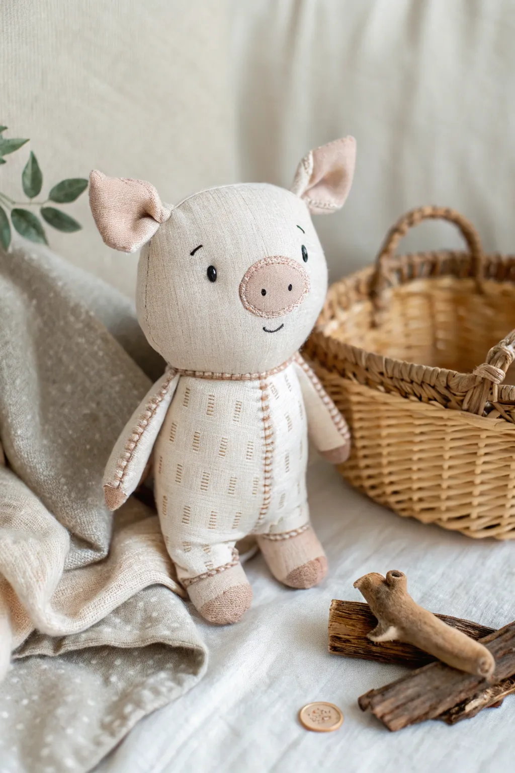 Embrace rustic charm with this adorable handcrafted pig plushie, a perfect touch of farmhouse style for your cozy space.