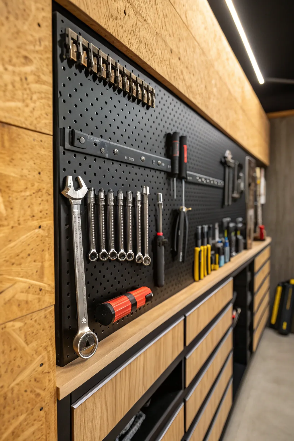 Elevate Your Garage: Discover the Art of Organization with a Plywood and Pegboard Masterpiece.