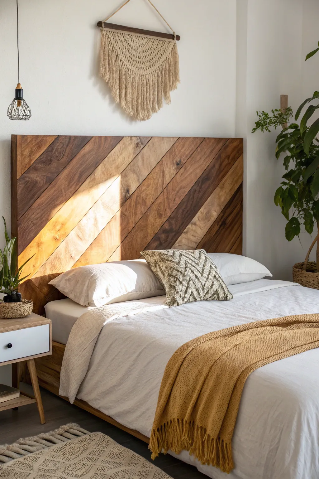 Elevate your bedroom with a stunning multi-tonal plywood headboard, where craftsmanship meets natural beauty.