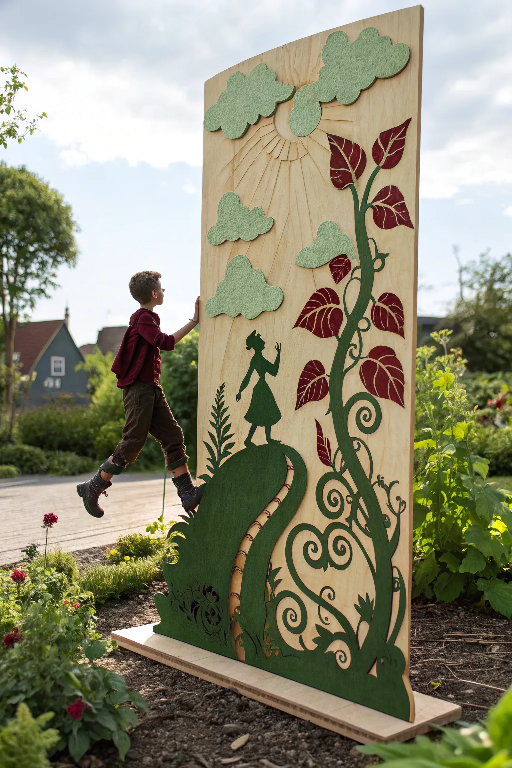 Bring fairy tales to life with masterful plywood art: Jack and the Beanstalk in your backyard.