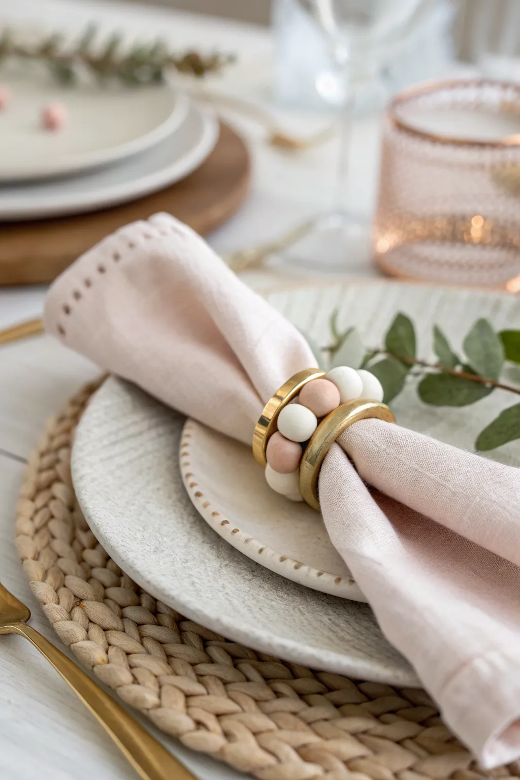 Elevate your table setting with these artisan polymer clay napkin rings, blending natural wood and metal for a chic, modern touch.