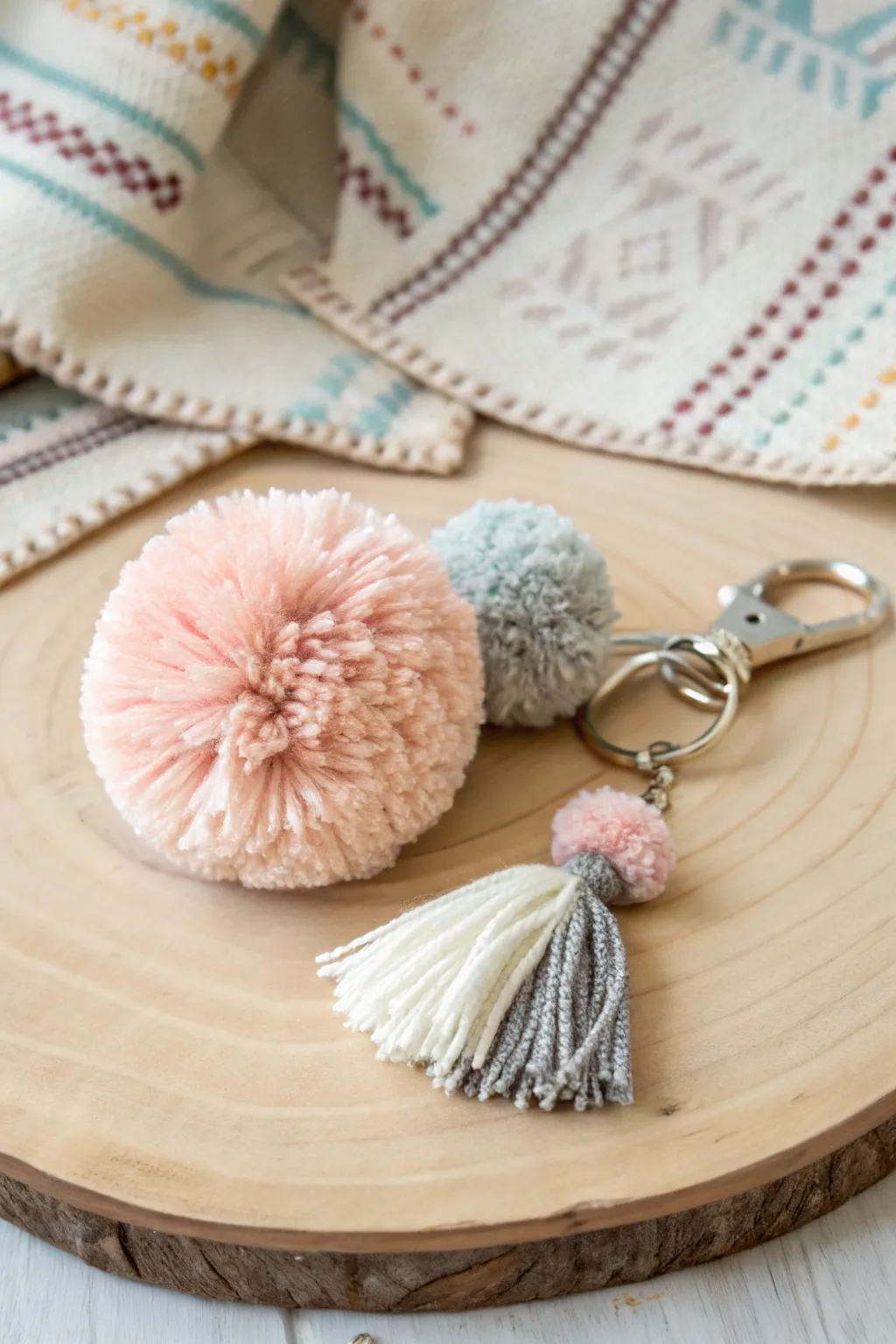 Chic and cozy: Elevate your everyday essentials with a handcrafted pom pom keychain.
