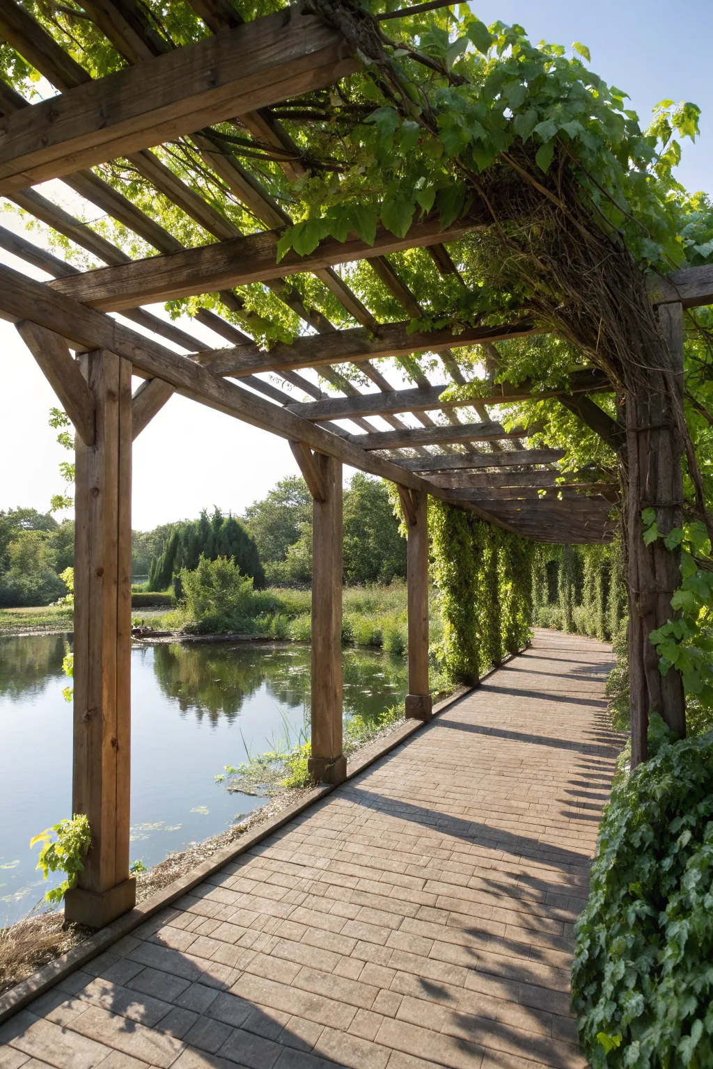 Elevate your pond design with the natural elegance of vines and trellises.