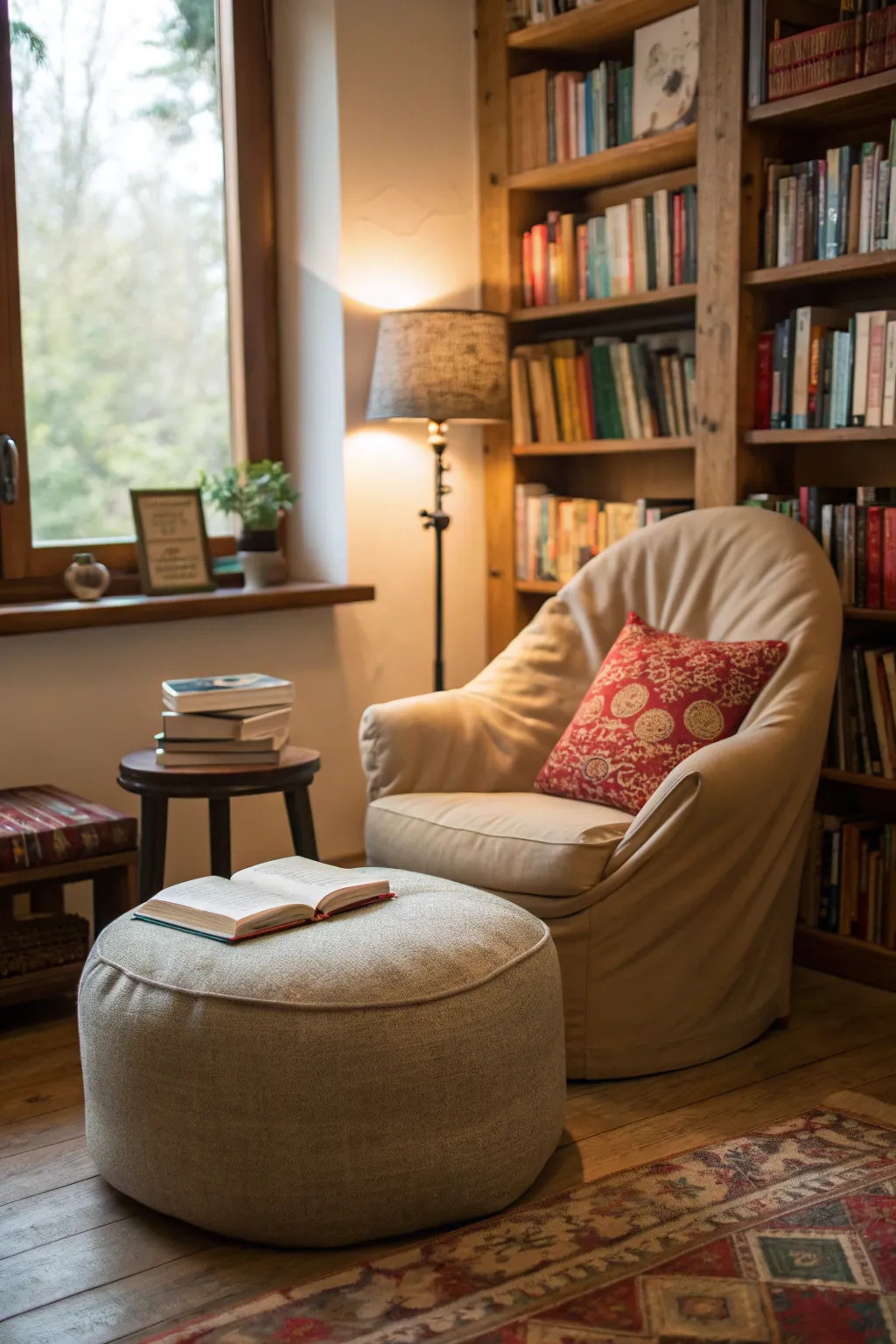 A poof transforms this corner into a cozy reading nook.