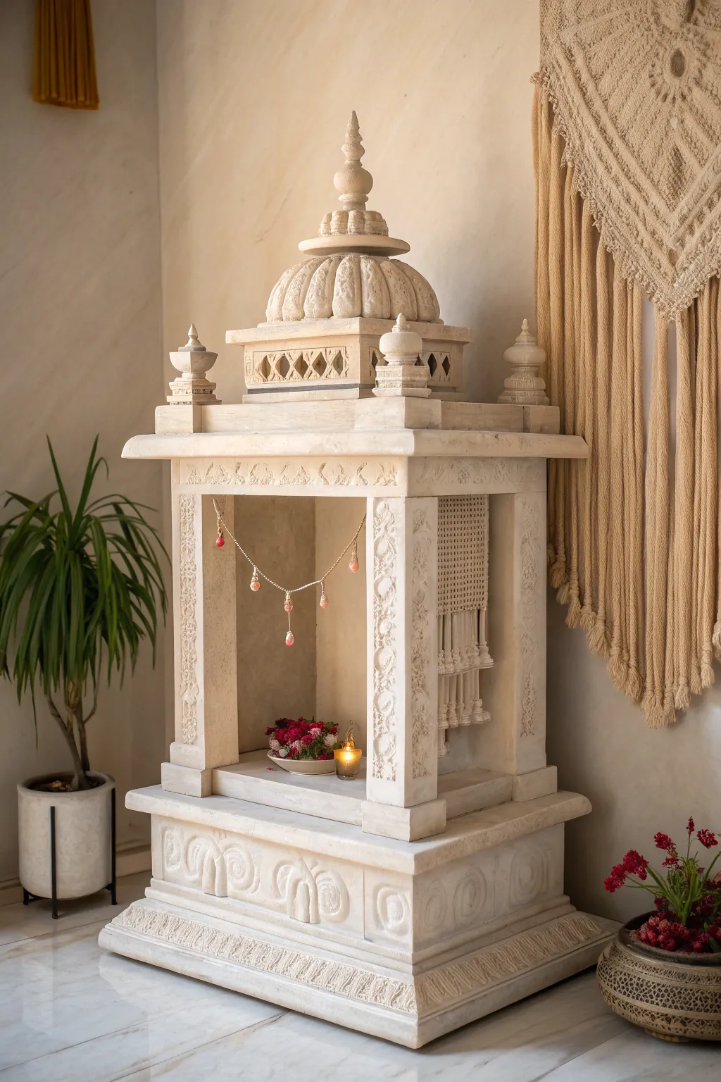 Embrace the timeless elegance of stone in your pooja mandir for a blend of durability and serene simplicity.