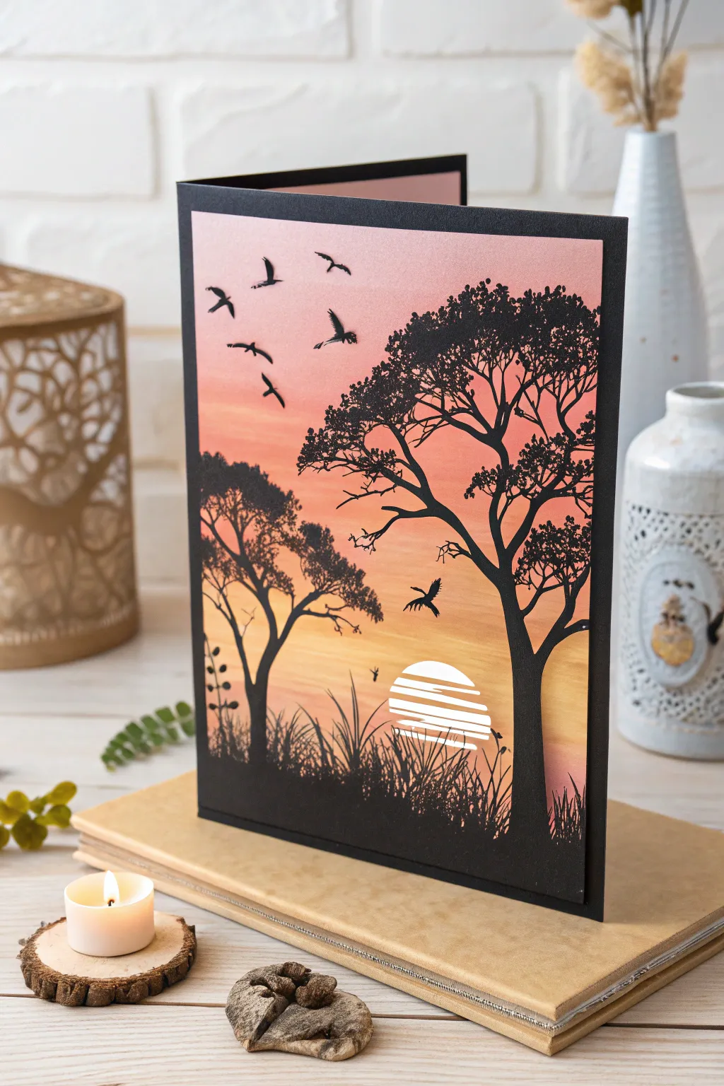 Capture the tranquility of a sunset with this elegant pop-up card design, perfect for those who cherish serene moments.