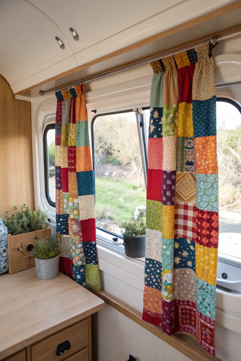 Transform your camper with vibrant patchwork curtains, where craftsmanship meets boho charm!