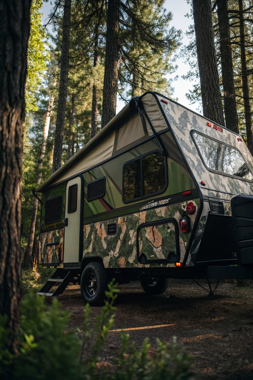 Blending in with nature, standing out with style: the ultimate camouflage camper for the modern adventurer.