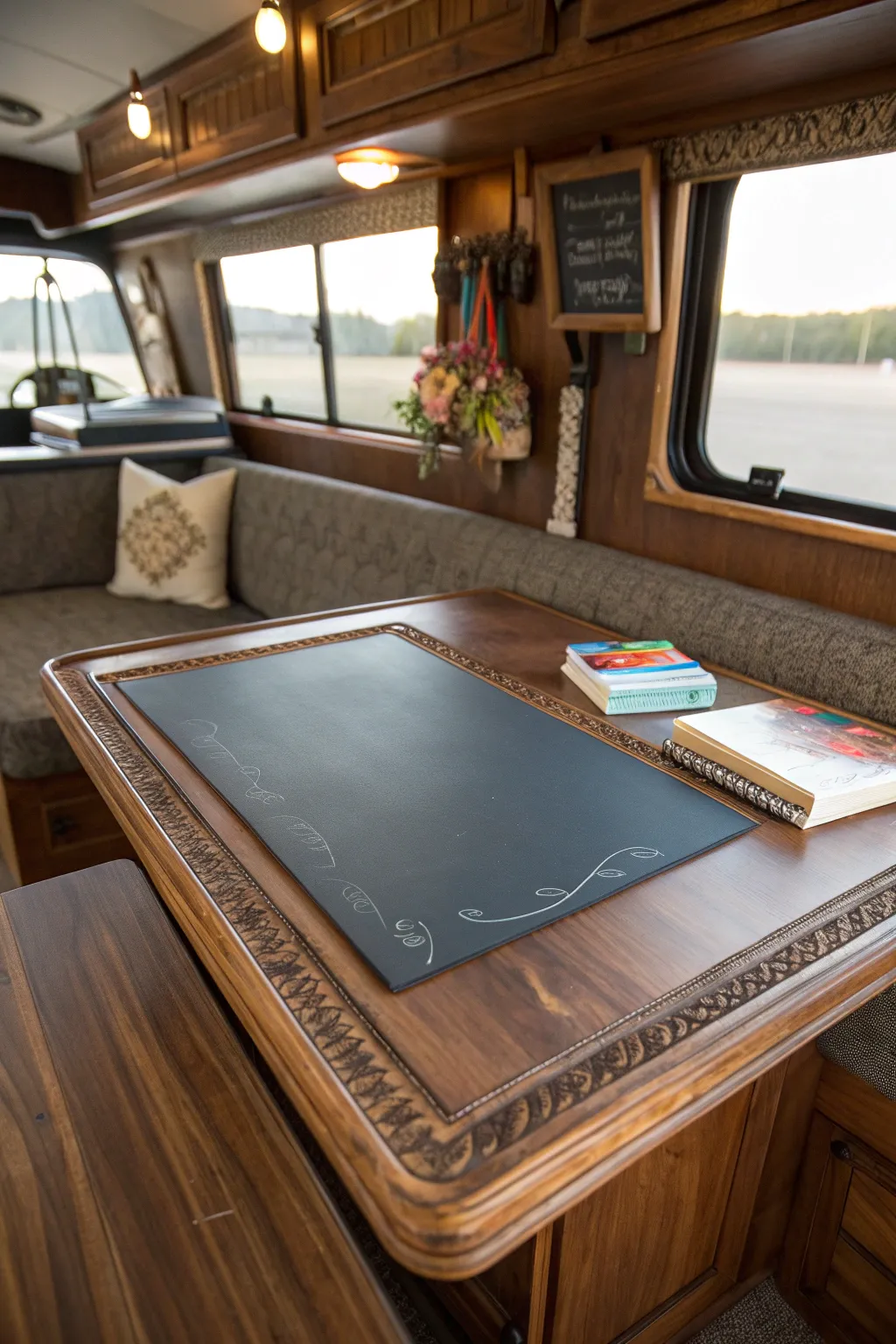 Transform your camper with a DIY chalkboard table—perfect for notes, games, and capturing the essence of your adventures.