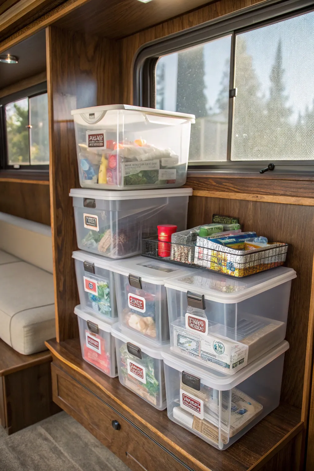 Elevate your camper organization with elegant clear bins: See everything at a glance!