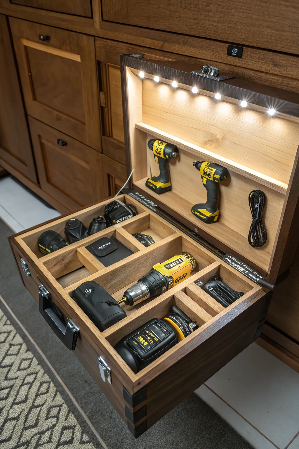 Elevate your toolbox game with a sleek, built-in charging station for ultimate organization and efficiency.