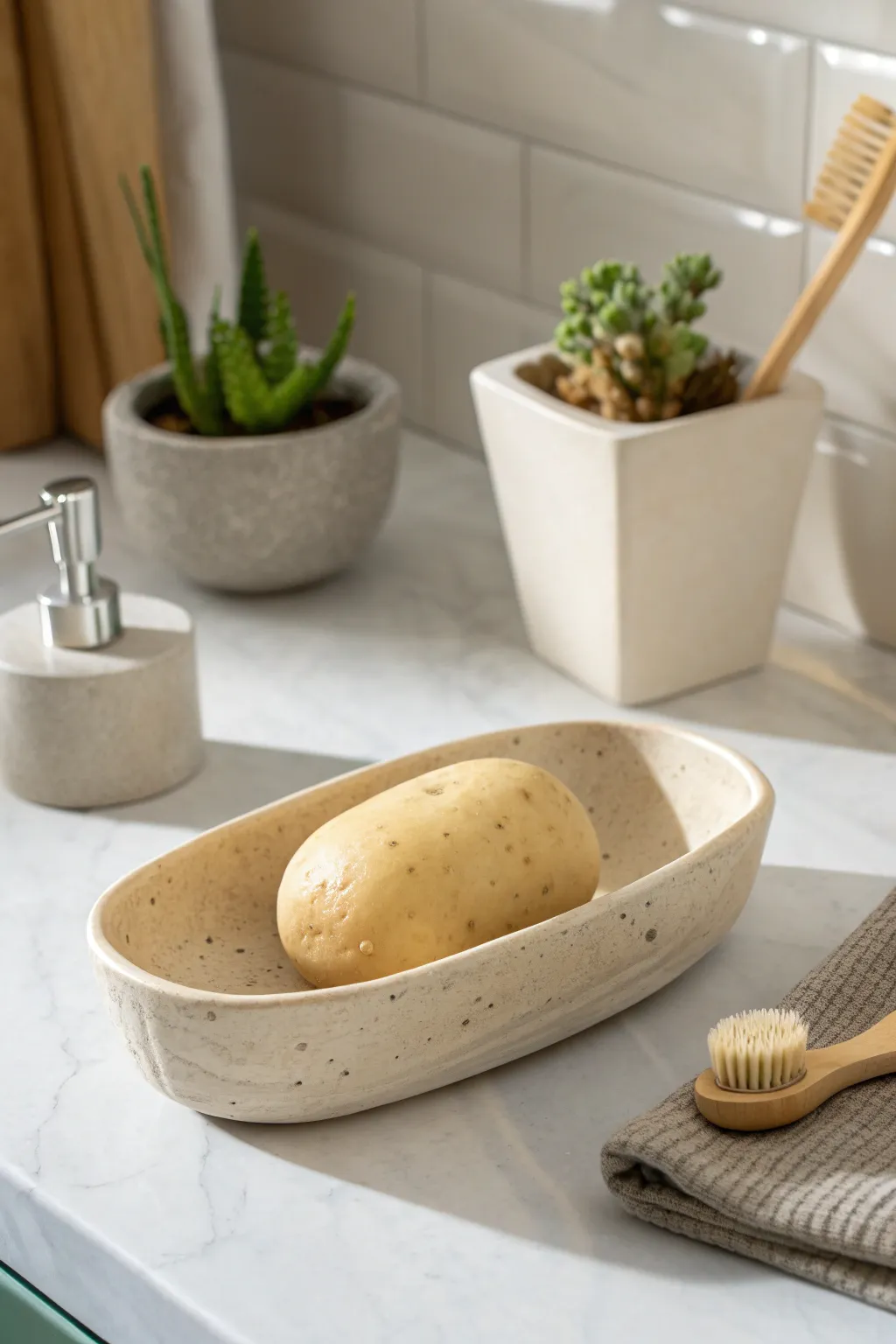 Elevate your bathroom decor with this charming potato-shaped soap dish, where functionality meets playful design.