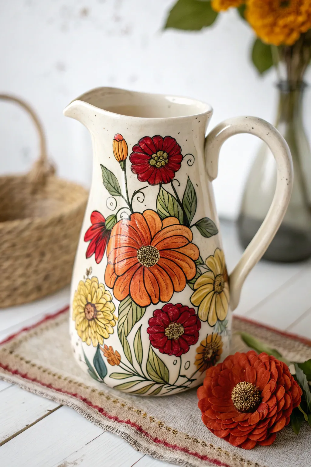 Bring a splash of summer to your table with this stunning handcrafted zinnia pitcher.