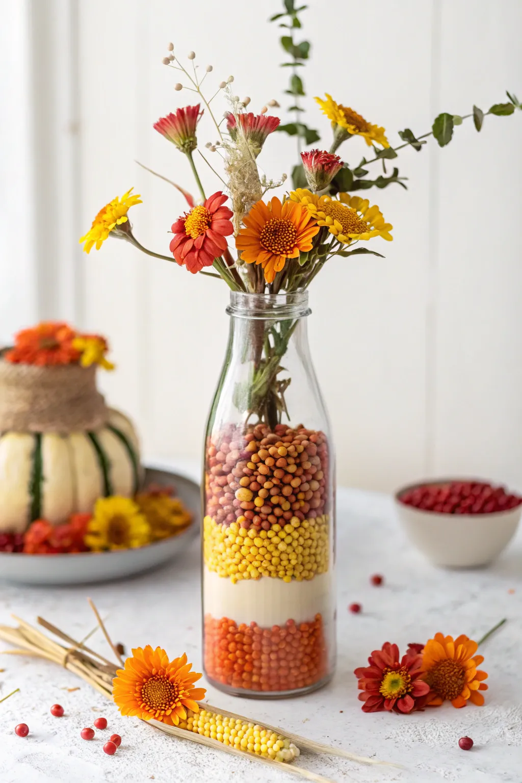 Transform ordinary glass bottles into stunning Thanksgiving centerpieces with a touch of rustic charm and colorful elegance.