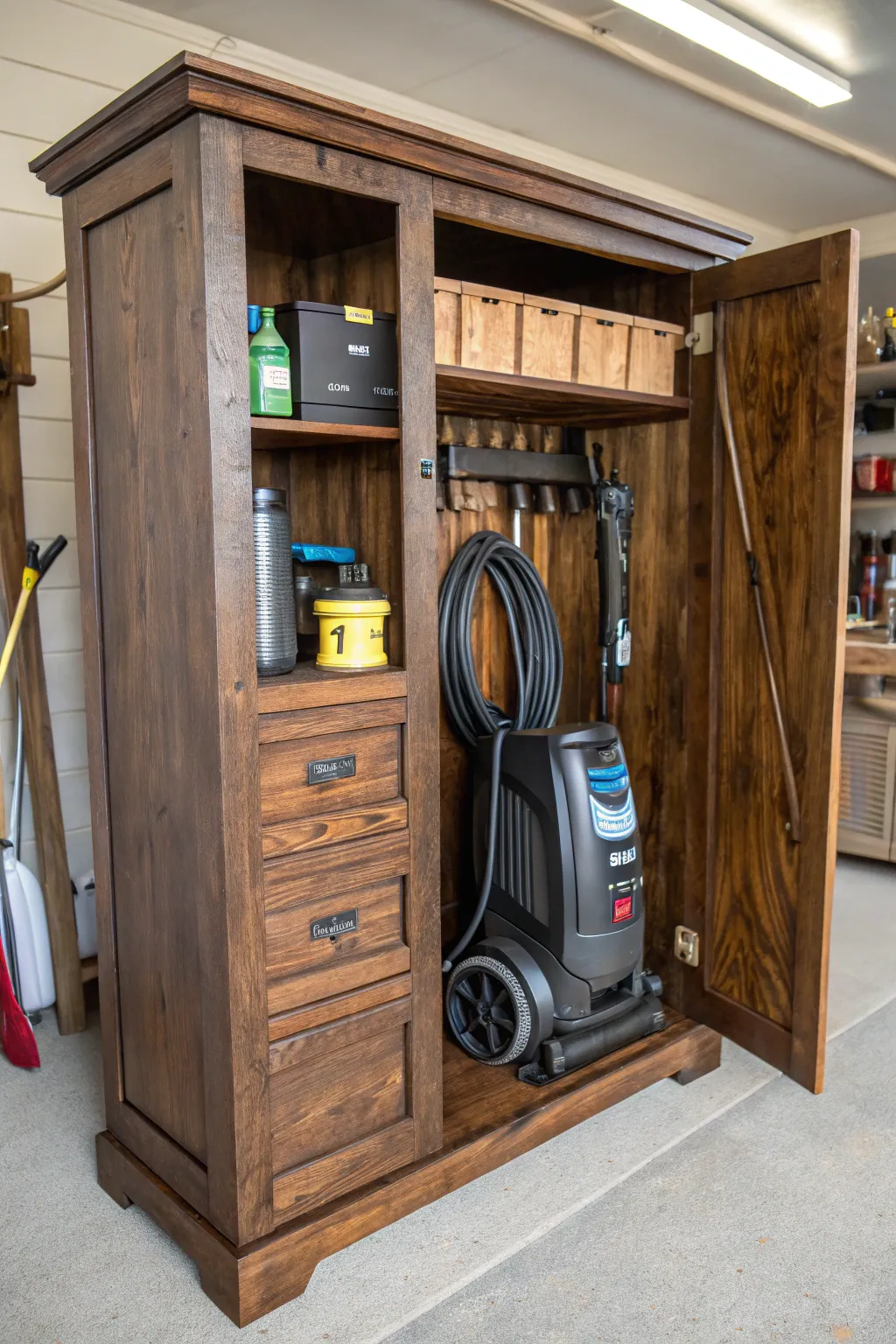 Transform your space with a touch of craftsmanship: repurpose old cabinets for stylish pressure washer storage.