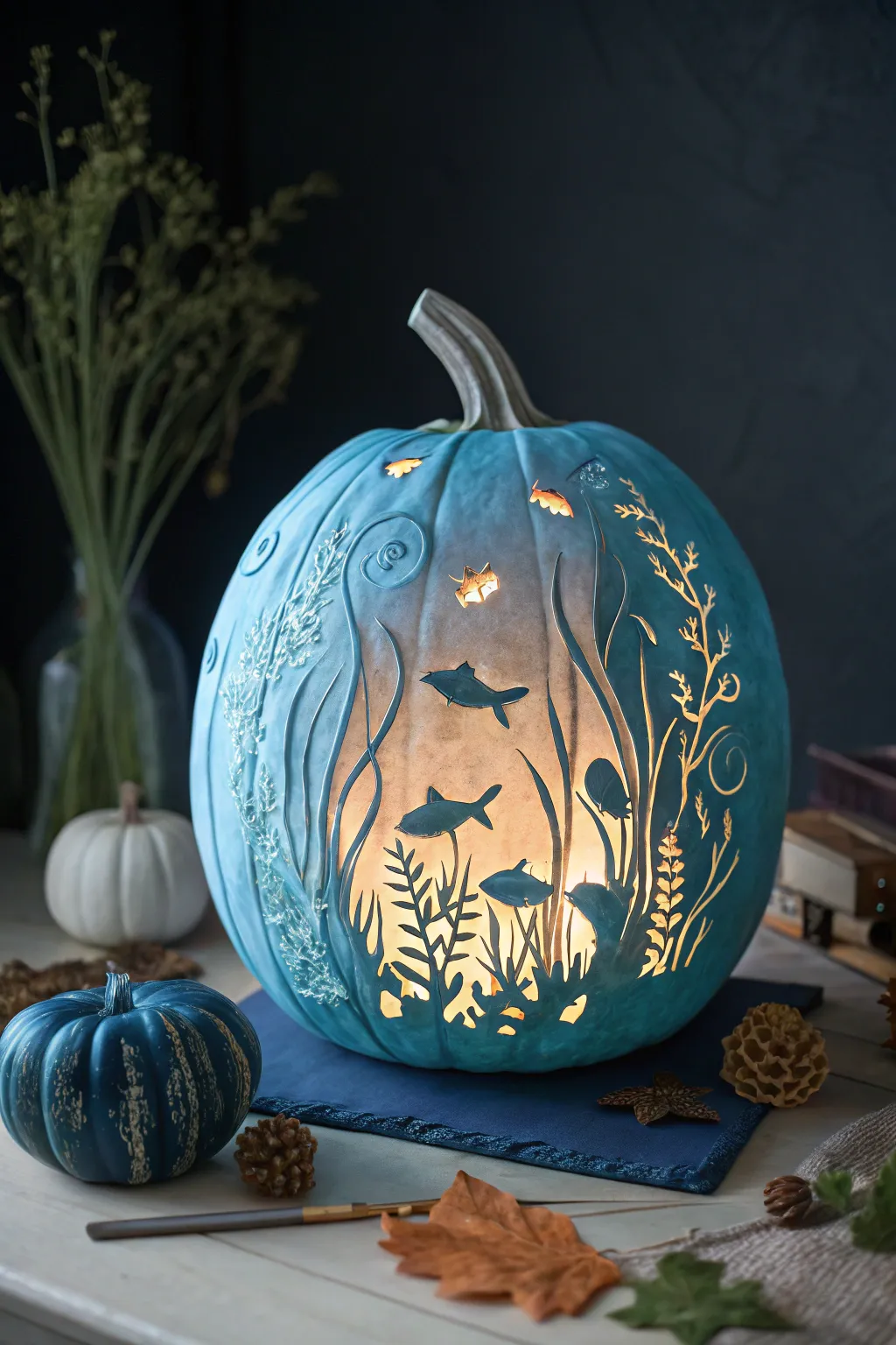 Dive into artistry: An underwater fantasy carved into a pumpkin, glowing with the magic of the deep blue sea.