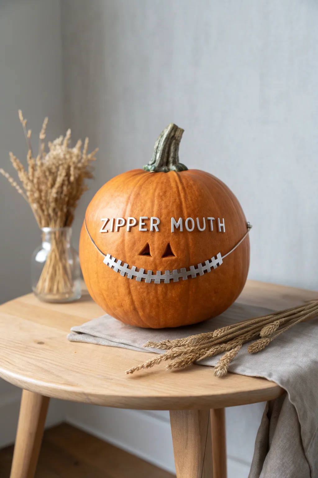 Add a playful twist to your decor with a zipper mouth pumpkin that combines humor and elegance. Perfect for a chic autumn display!