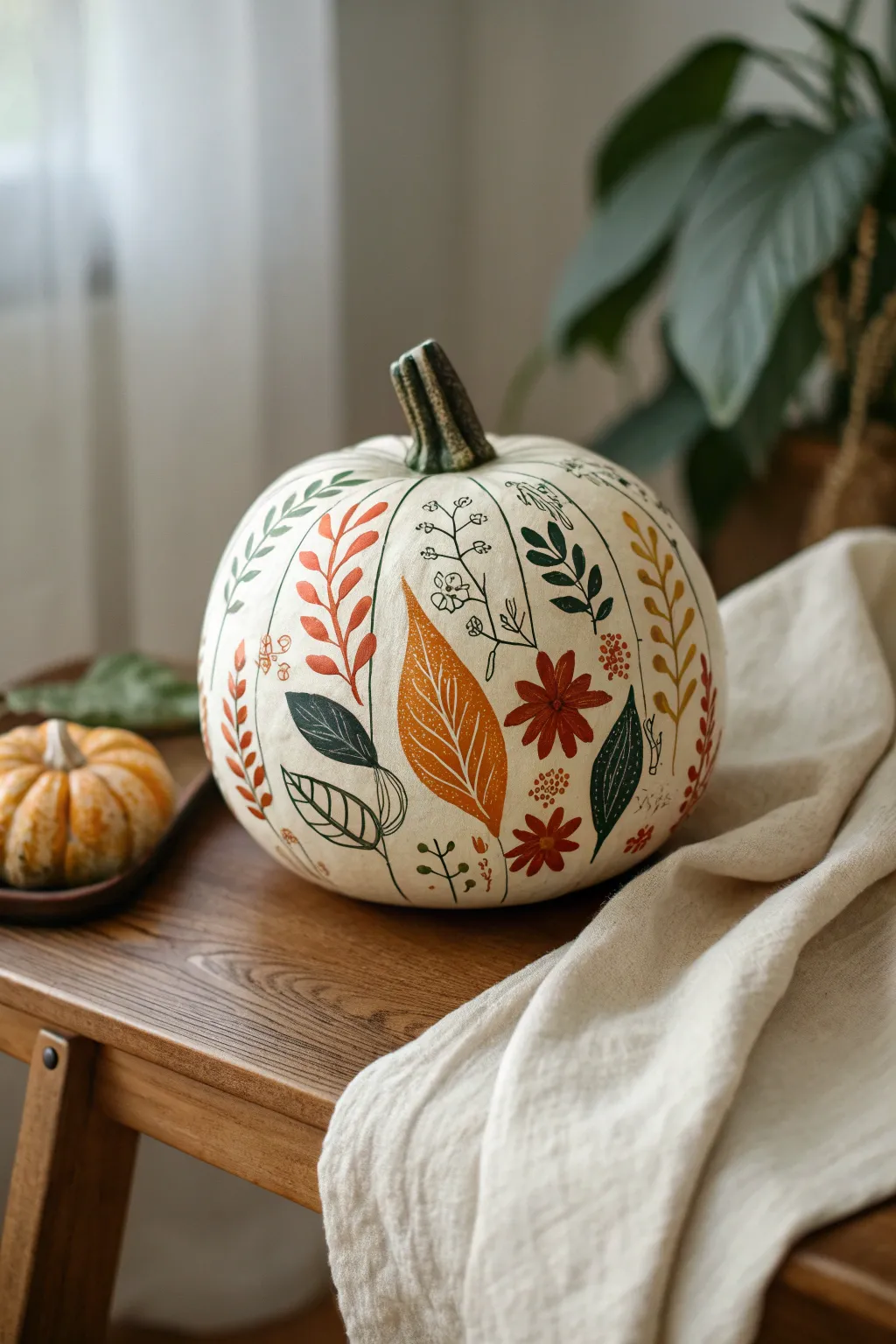Bring the beauty of nature indoors with this charming, painted pumpkin design!