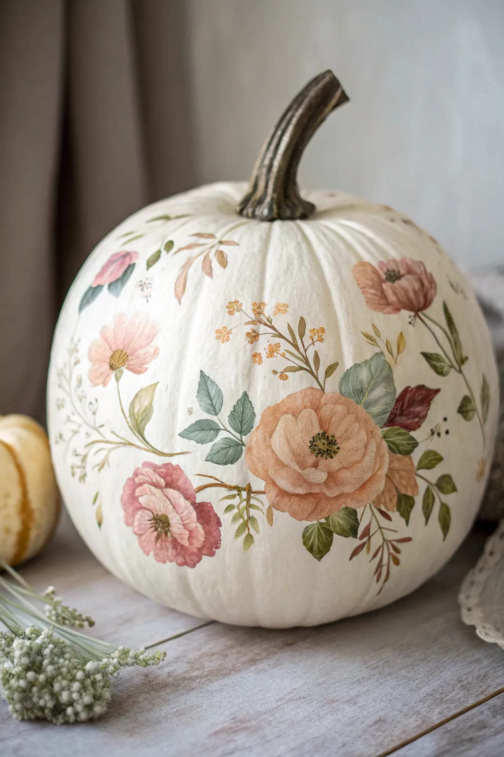 Embrace the vintage floral charm with hand-painted elegance on your pumpkin this season.