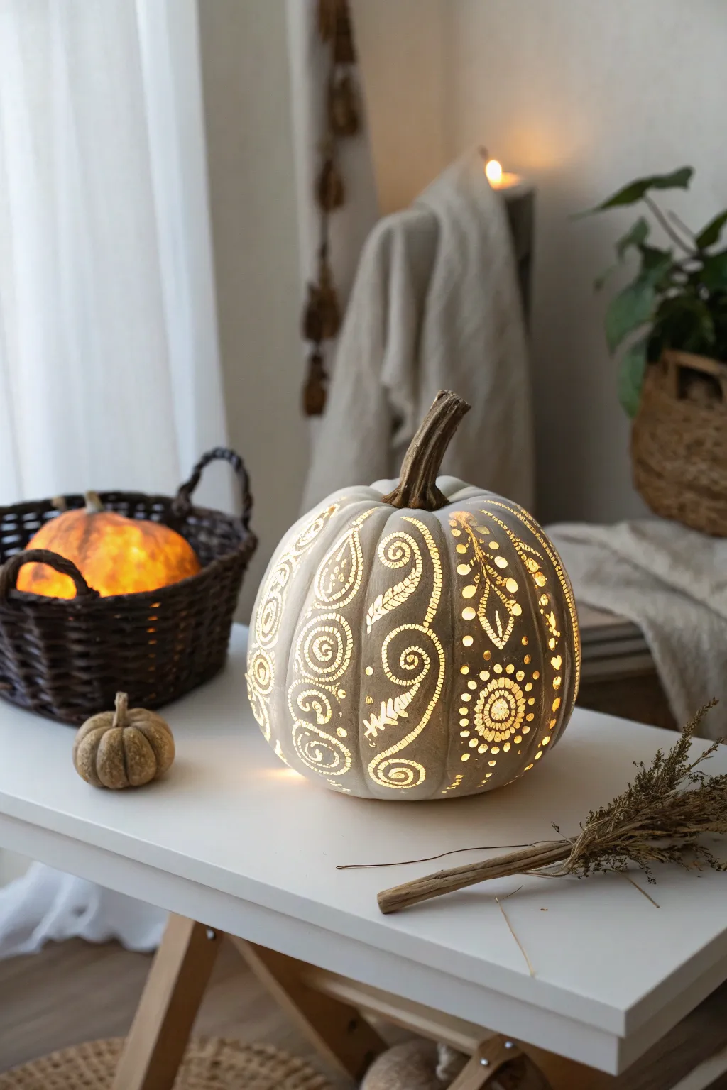 Illuminate your nights with a beautifully painted glow-in-the-dark pumpkin, perfect for adding a touch of magic to any gathering.