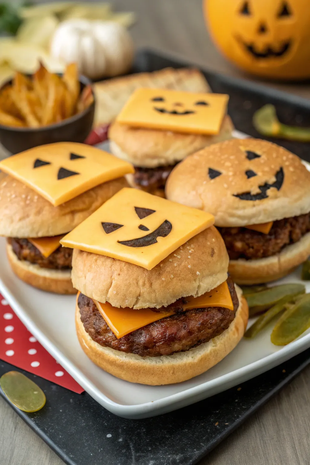 Cheeky jack-o'-lantern burgers that are as tasty as they are fun.