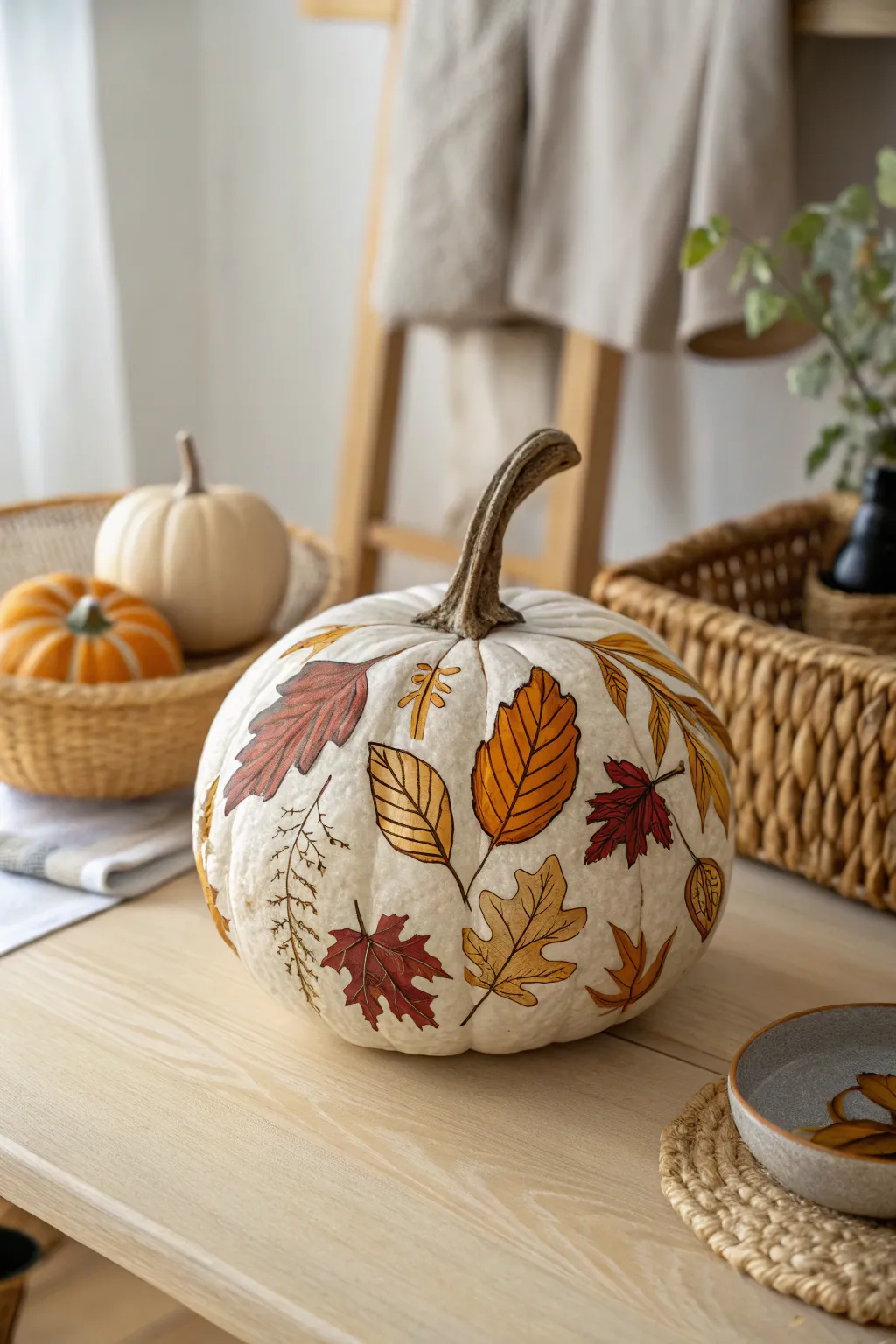 Elevate your autumn decor with this stunning leaf-printed pumpkin, blending nature's beauty with minimalist elegance.