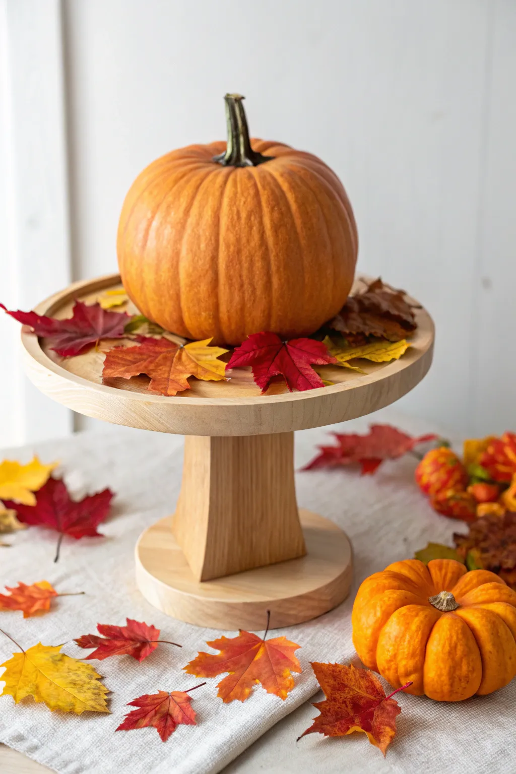 Embrace the season's charm with a simple yet striking pumpkin stand accentuated by autumn leaves.