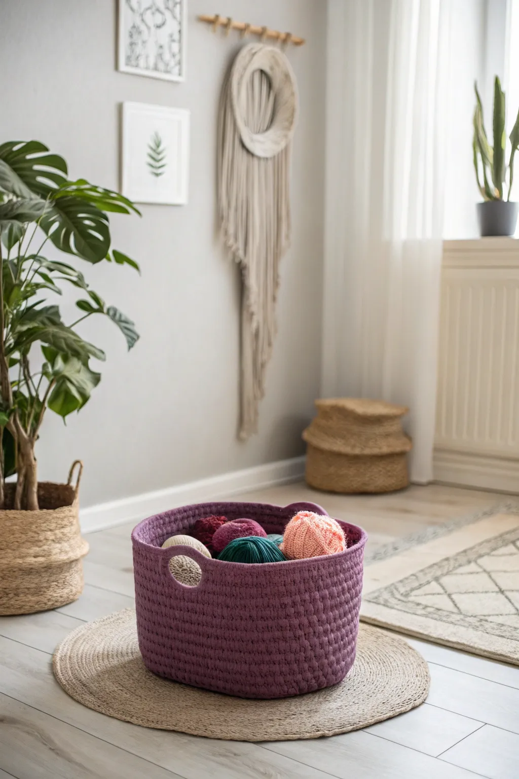 Elevate your organization game with this chic plum crochet basket, perfect for adding a touch of handcrafted elegance to any space.