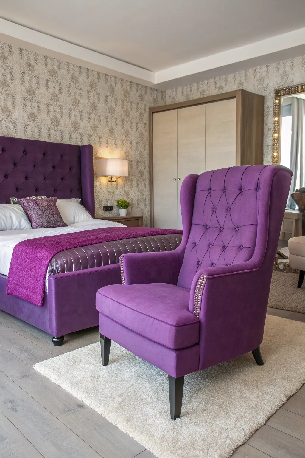 Purple-upholstered furniture adds a stylish touch.
