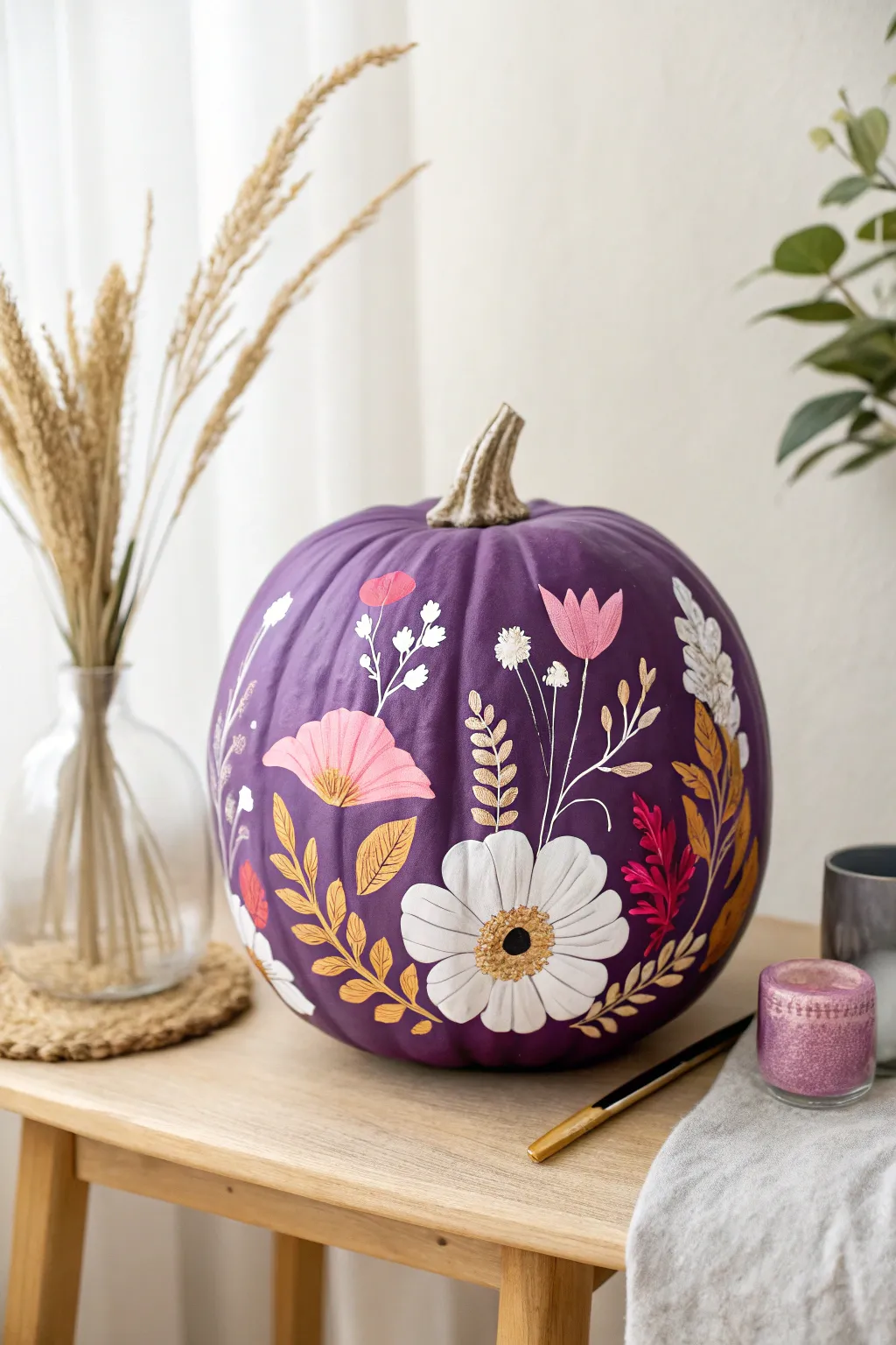 Transform your autumn decor with a touch of floral fantasy on a purple pumpkin.