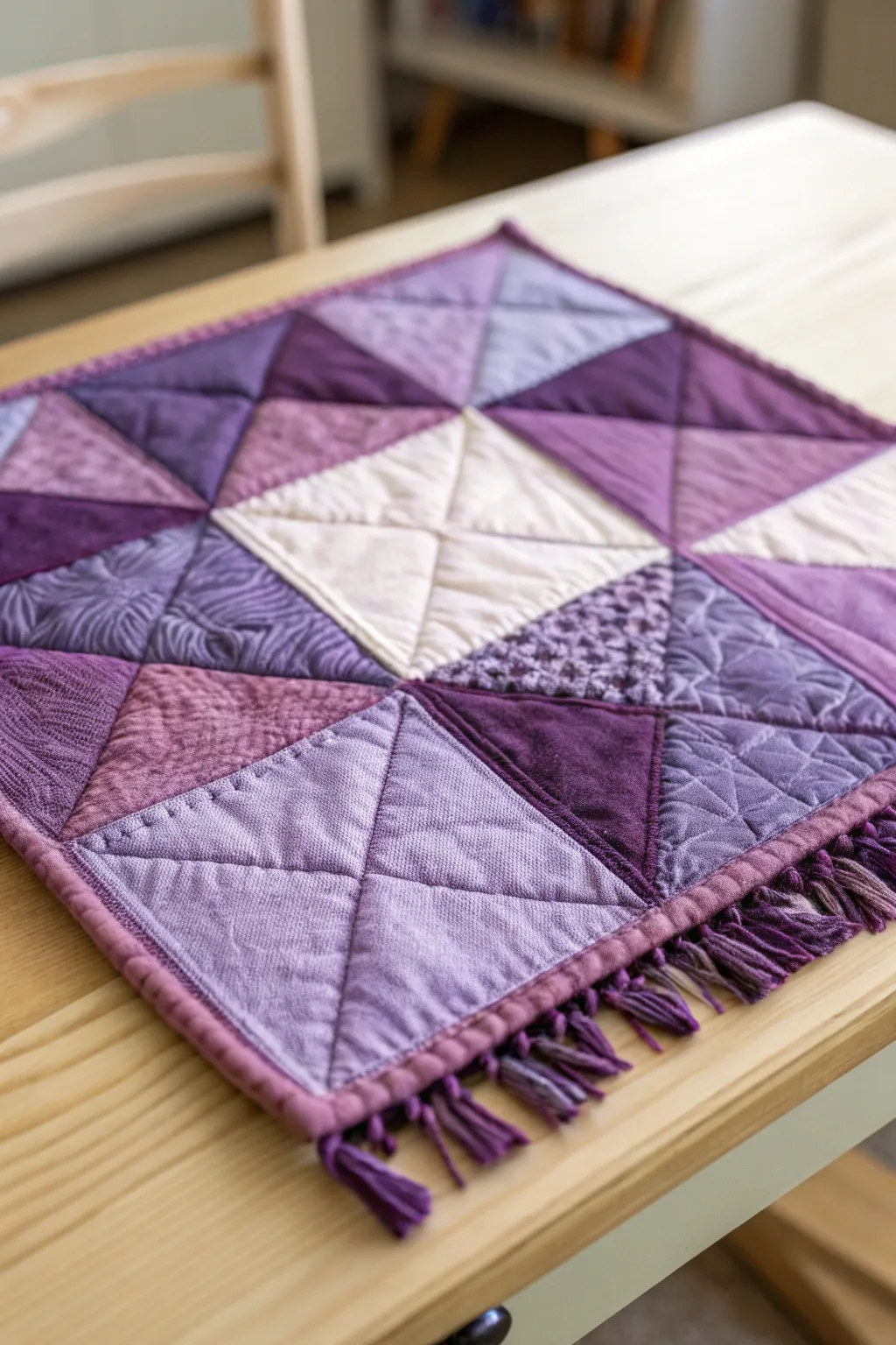 Explore the beauty of purple quilt patterns with a minimalist boho twist. #QuiltedTexture #PurpleHues
