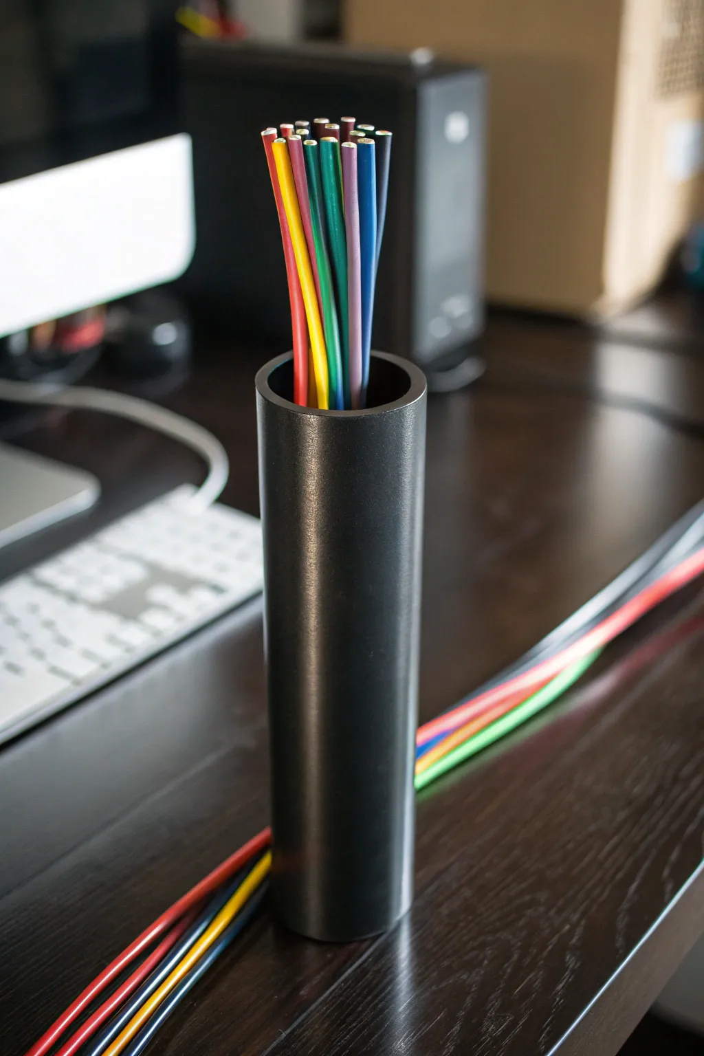 Transform chaos into order with stylish PVC pipe cord management.