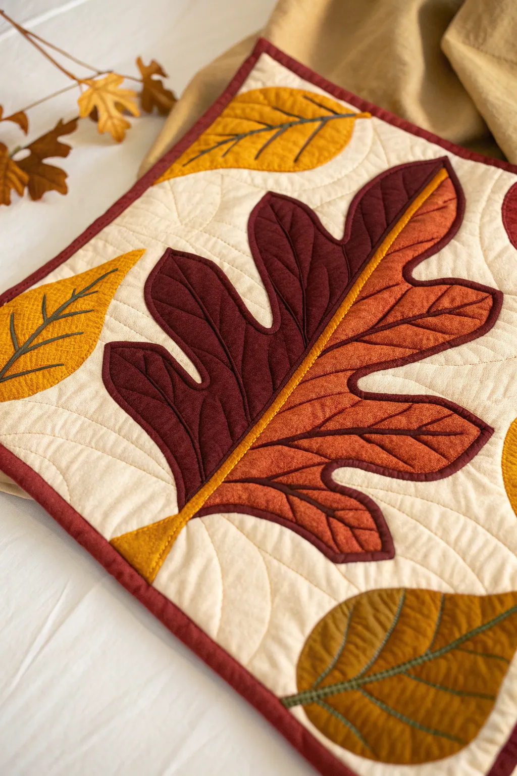 Embrace the beauty of nature with this stunning leaf motif quilt block, blending bold autumn hues with minimalist charm.