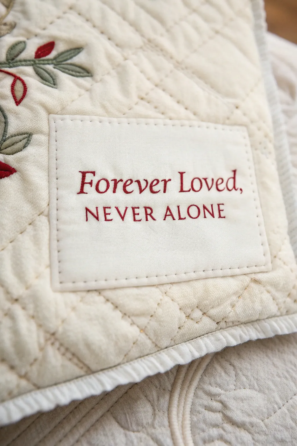 A heartfelt reminder: 'Forever loved, never alone' - a timeless touch for your baby's quilt.