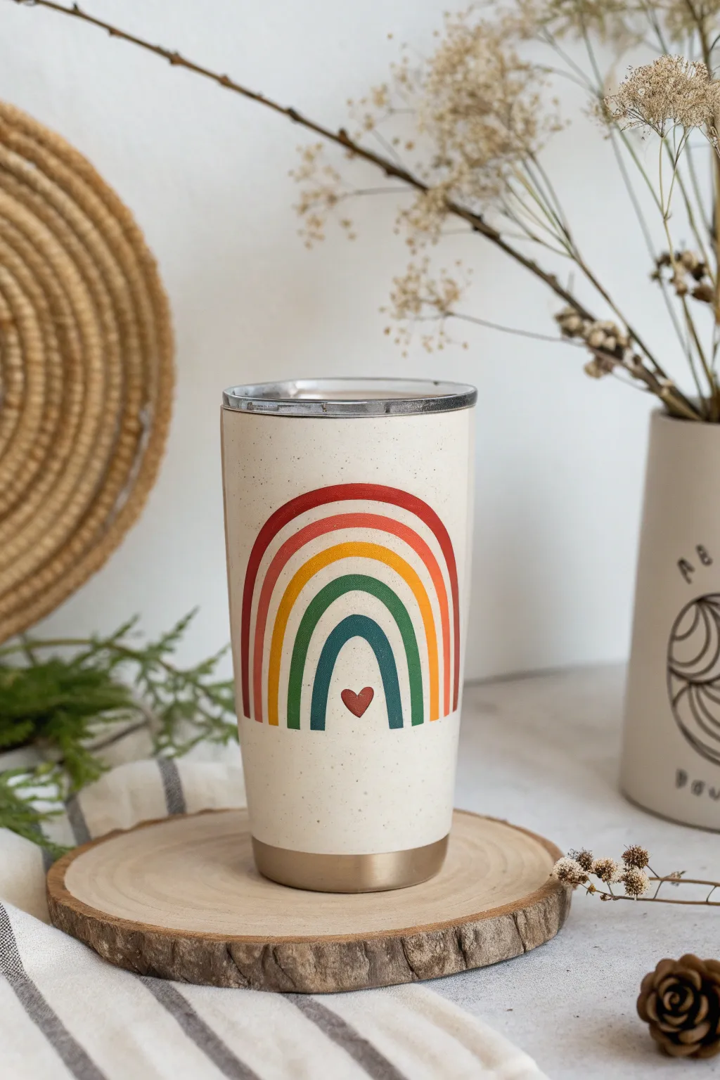 Add a dynamic twist to your drinkware with this stunning spiral rainbow tumbler.