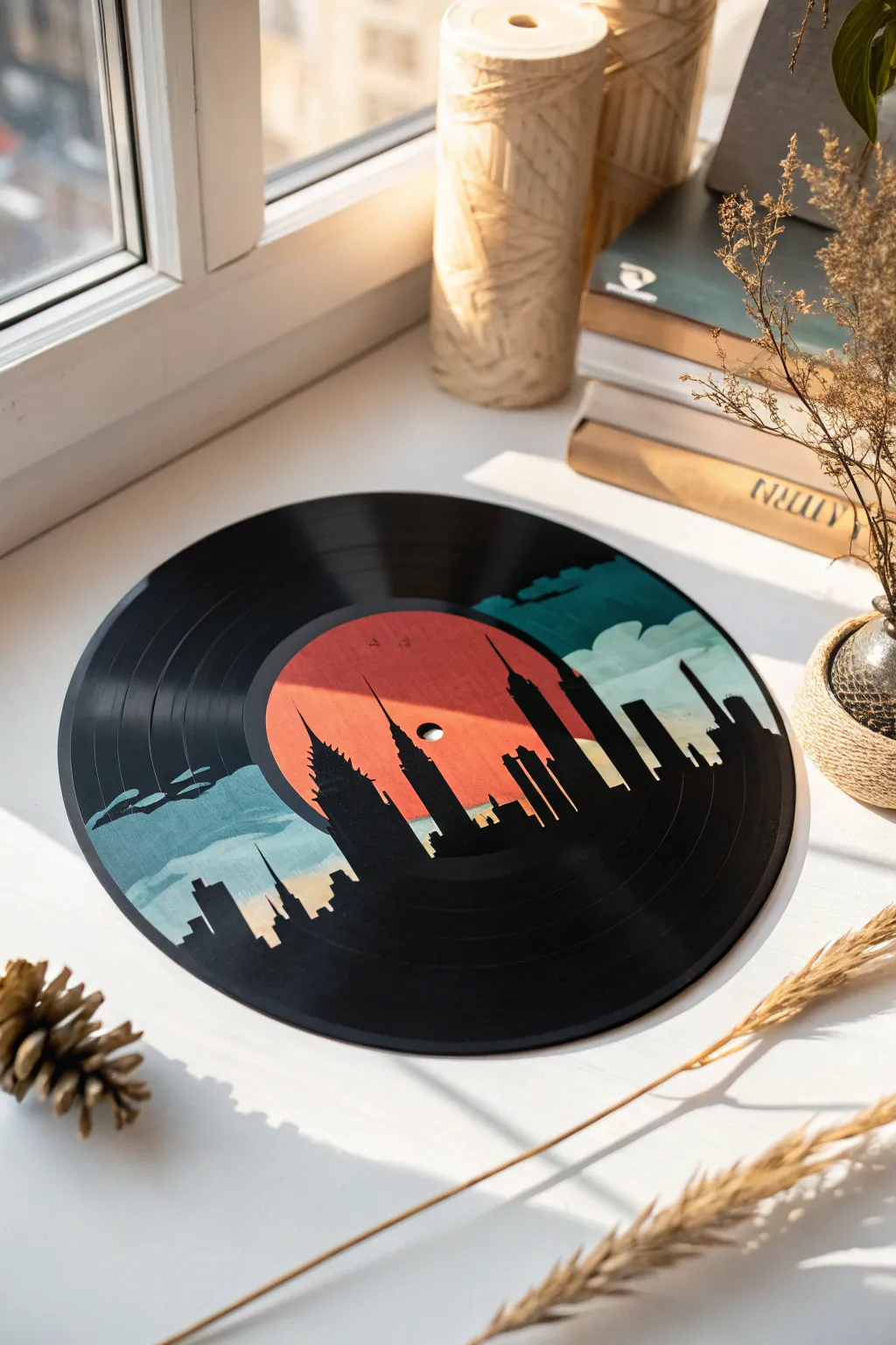 Transform your space with the urban charm of a hand-painted city skyline on vinyl.